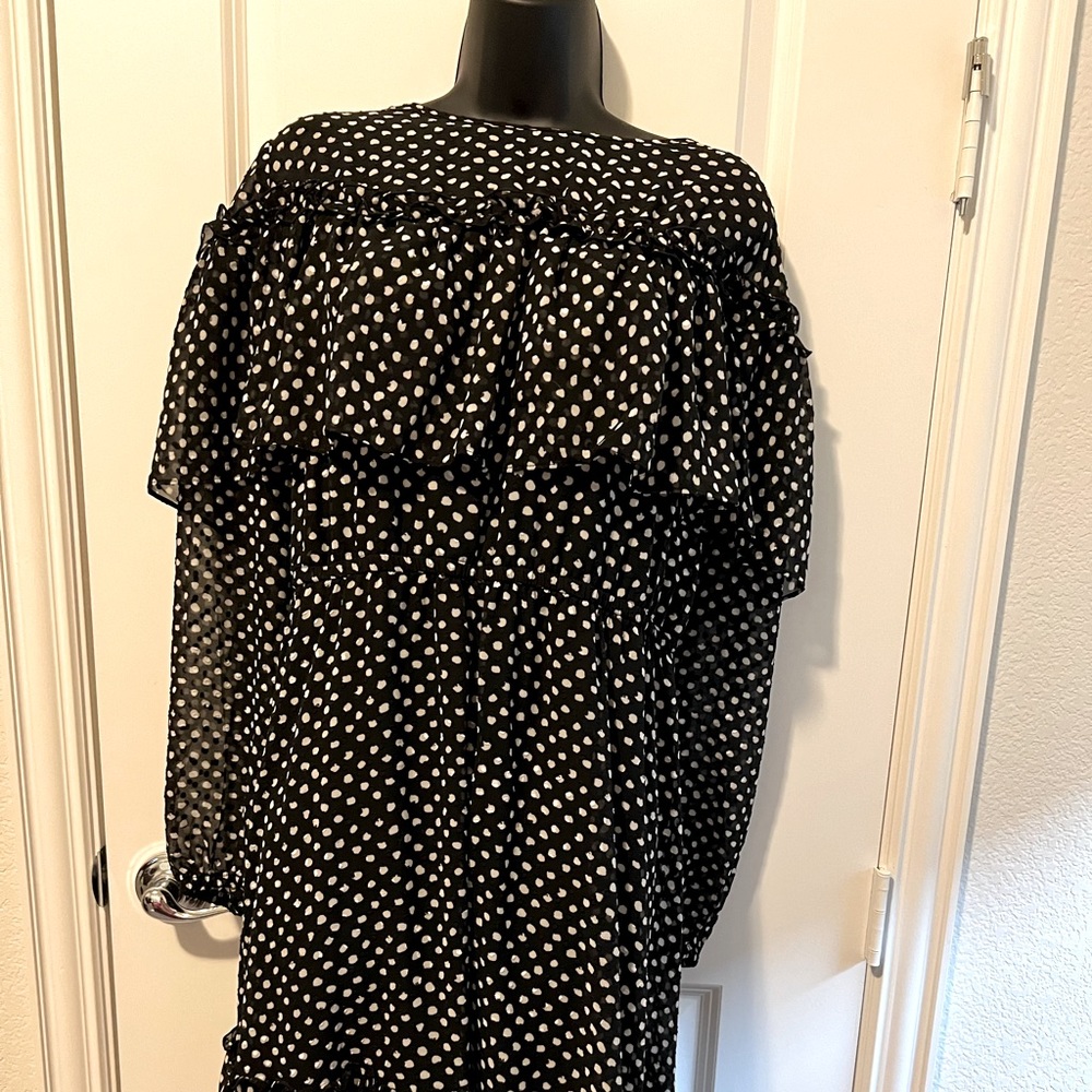 Black with white polka dots, long sleeved, fully lined, sheer midi dress